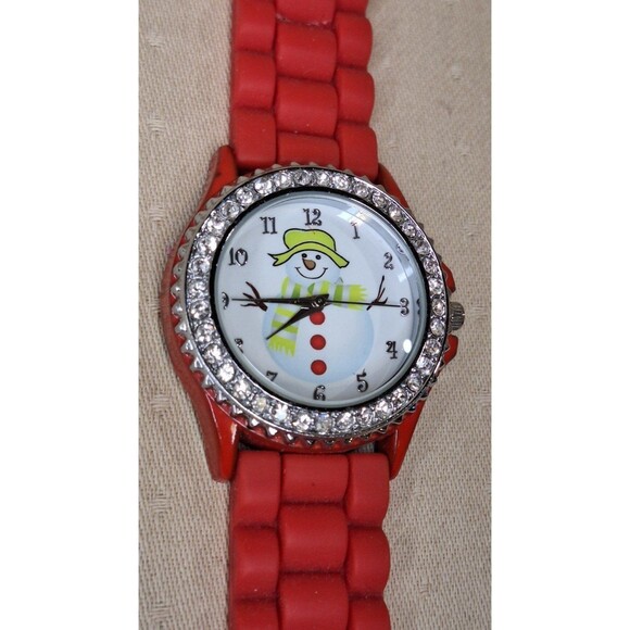 Silicone Holiday Geneva Watch with White Dial Red Band Snowman, XMas - Picture 1 of 6